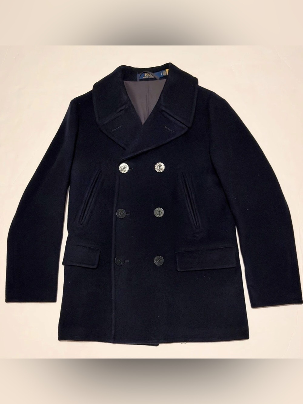 Polo Ralph Lauren Wool Blend Navy Peacoat W/ Anchor Buttons Size Small LIKE NEW